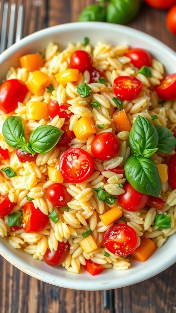 A beautiful bowl of orzo salad with vegetables and lemon basil dressing.